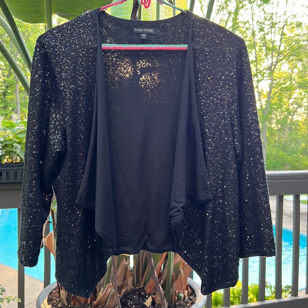 Eileen Fisher Black Sequin Open Draped Cardigan